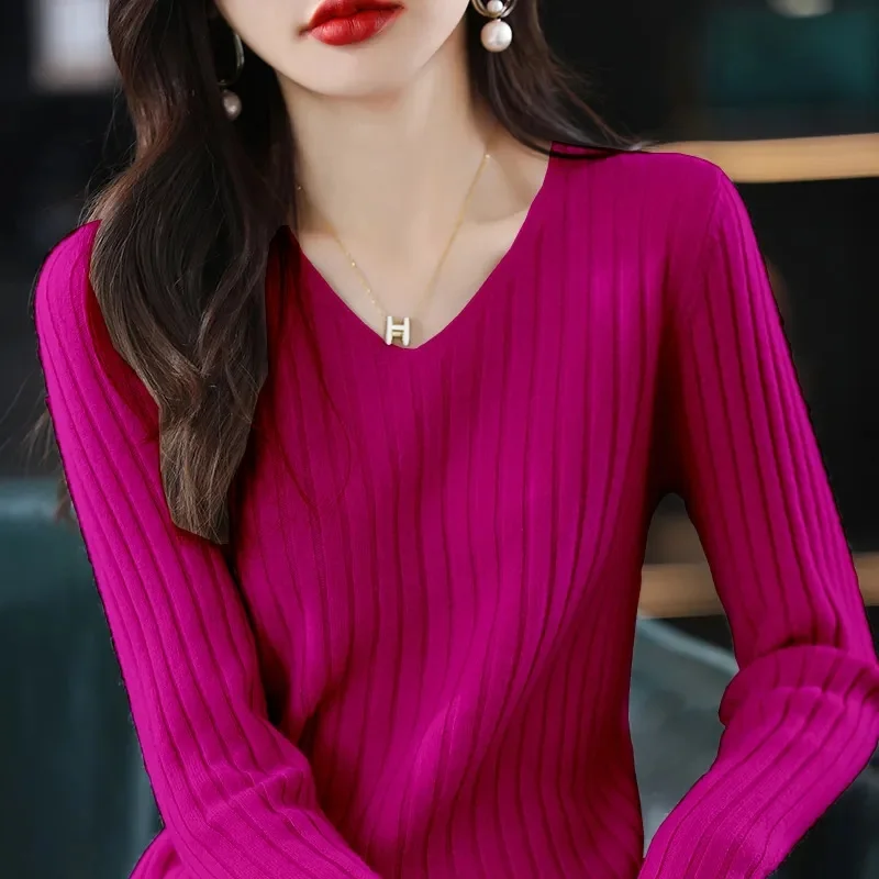 

Women Sweater V-neck Spring Autumn Knitwear Long Sleeve Slim Warm Sweater Pullovers Lady Basic Jumpers Knitted Bottom