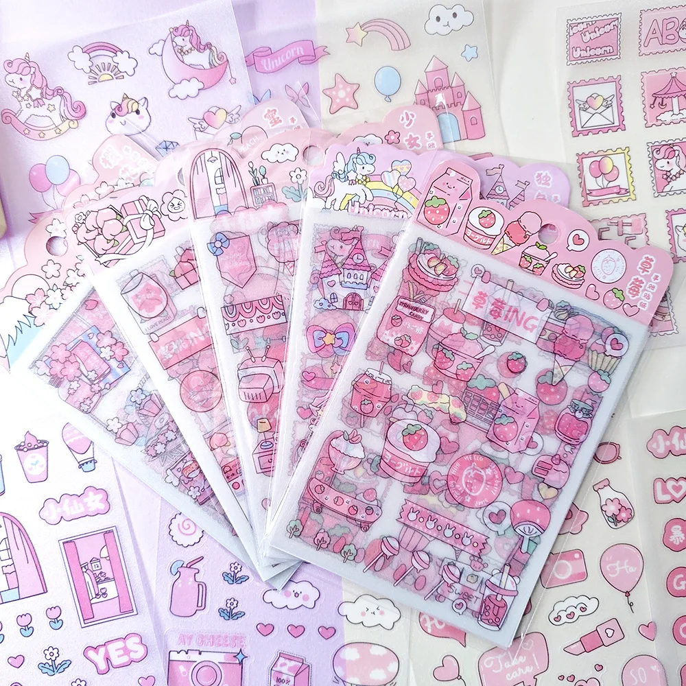 

4Pcs/pack Pink Frosted PET Stickers Kawaii Cartoon Strawberry Decorative Sticker For Scrapbooking Handbook Journal Material