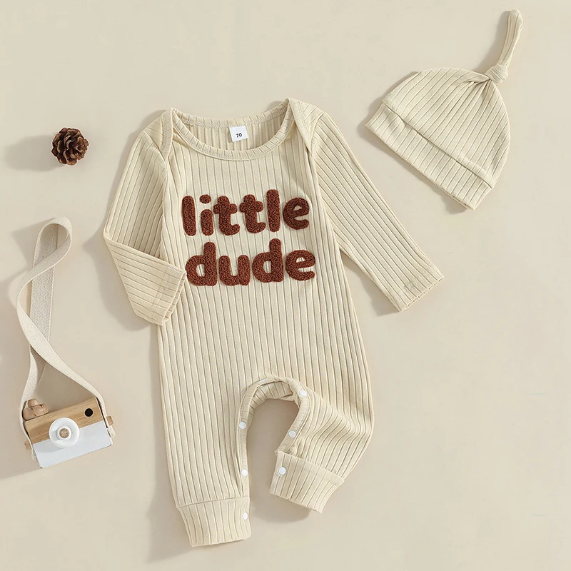 Baby Boy Ribbed Romper Casual Letter Embroidery Long Sleeve Jumpsuit and Hat for Infant Toddler Fall Outfit