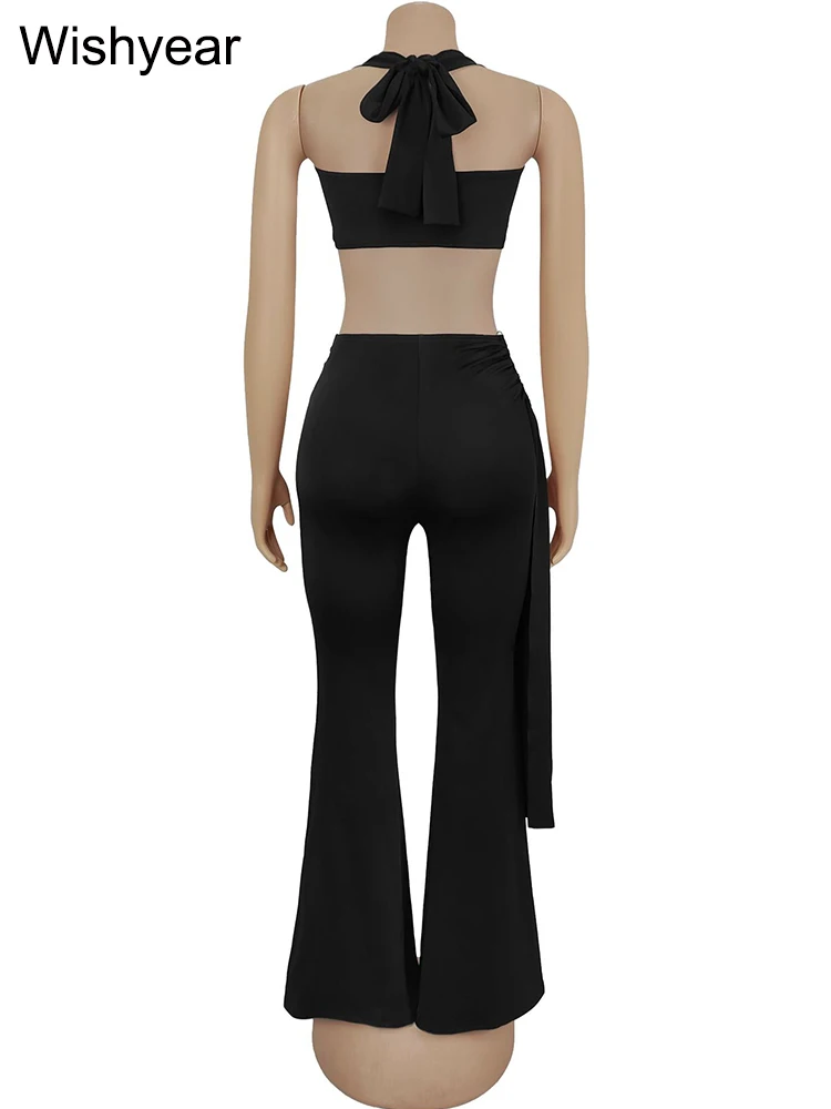 Wishyear Sexy Night Club 2 Piece Pants Set Women Halter Backless Knot Camisole and Flare Trousers Vacation Beach Party Outfits
