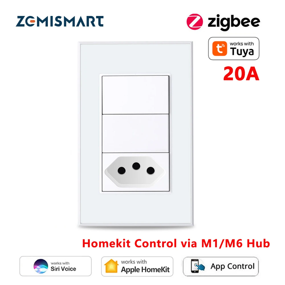 

Zemismart Zigbee 20A Умная бразильская розетка с выключателем света Homekit через матер-концентратор Настенный кнопочный переключатель работает с приложением Tuya