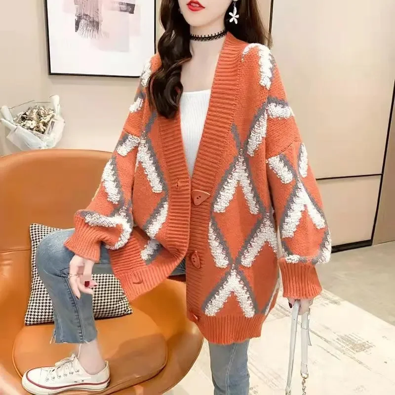 2024Autumn Winter New Sweater Women\'s Cardigan Thickened Korean Style Coat Loose Lazy Jackets Foreign Style Female Outerwear Top