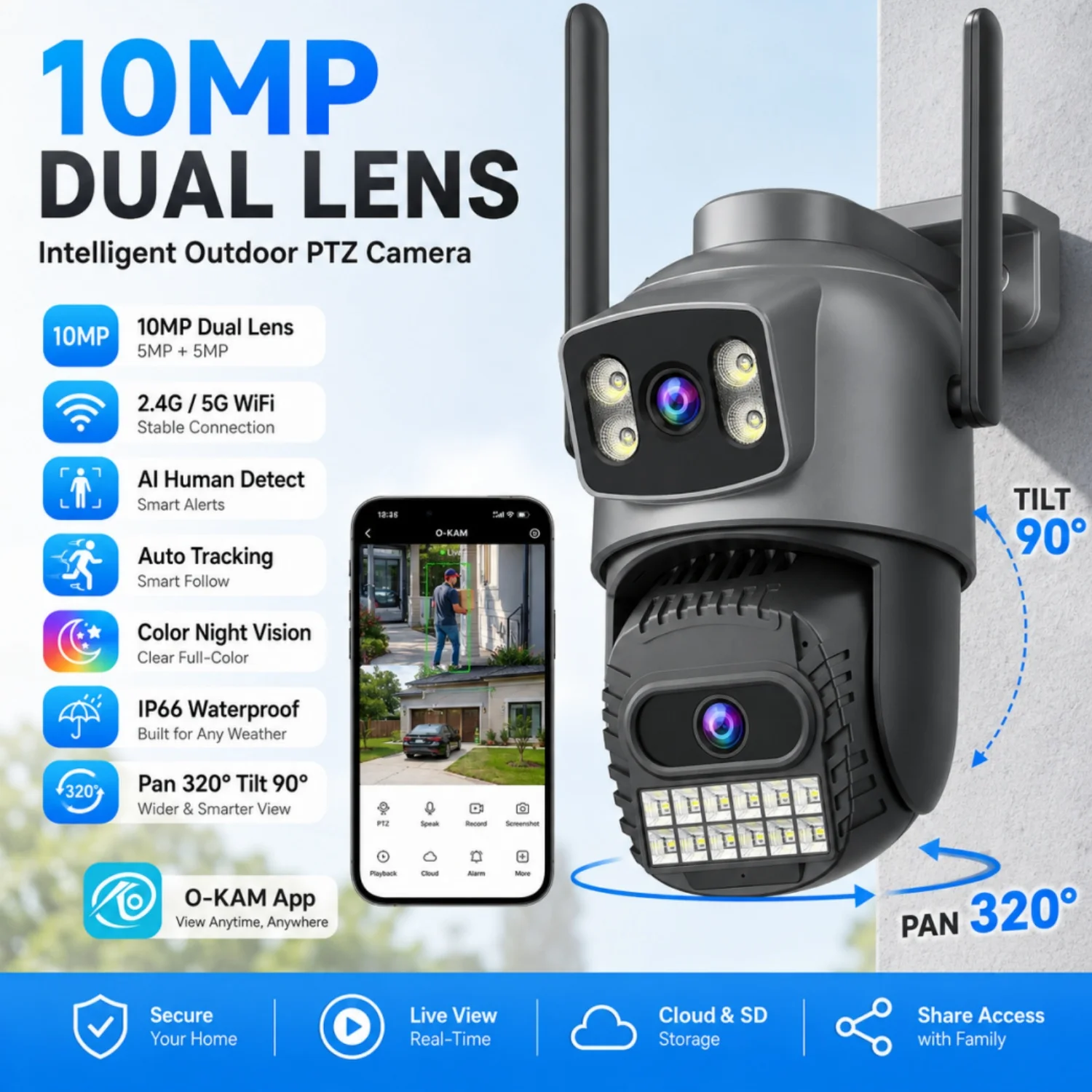 AUBERON 10MP Outdoor Security Camera WiFi 8MP PTZ Dual Lens Waterproofing IP CCTV Human Detection Security HD Vedio Surveillance
