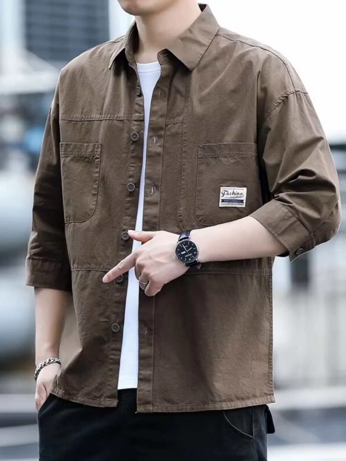 

Pure Cotton Men's Work irt Thin Seven-Arm Spring Summer Youth Faion Multi-ket No-Iron Treaent Casual Loose Fit