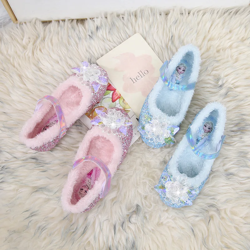 Disney Elsa Princess Shoes Autumn Winter Plush Warm Children Girls Crystal Shoes Fashion Cute Baby Girl Flat Shoes Soft Sole