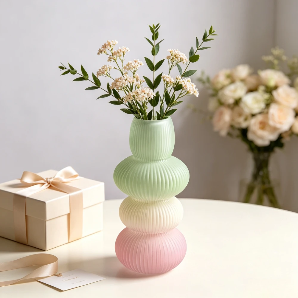 Nordic Style Stacked Ball Glass Flower Vase Gradient Ribbed Vase for Dried Flowers Home Office Wedding Party Desktop Display