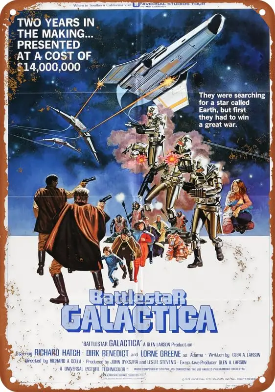 Battlestar Galactica 1979, letrero de estaño de Metal Vintage, letreros de aluminio, arte de pared, decoración del hogar, póster de cocina, placa de cafetería y Pub