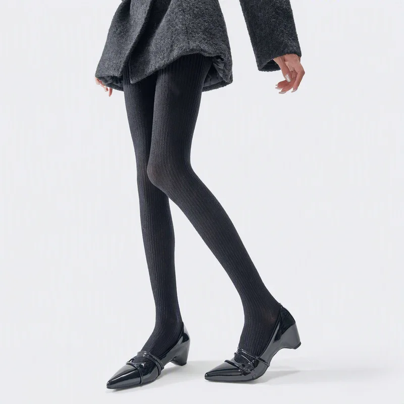Semi-Sheer Vertical Striped Pantyhose for Women, Fall Winter Slimming Base Tights, High Elastic Microfiber Non-Slip Crotch Elega