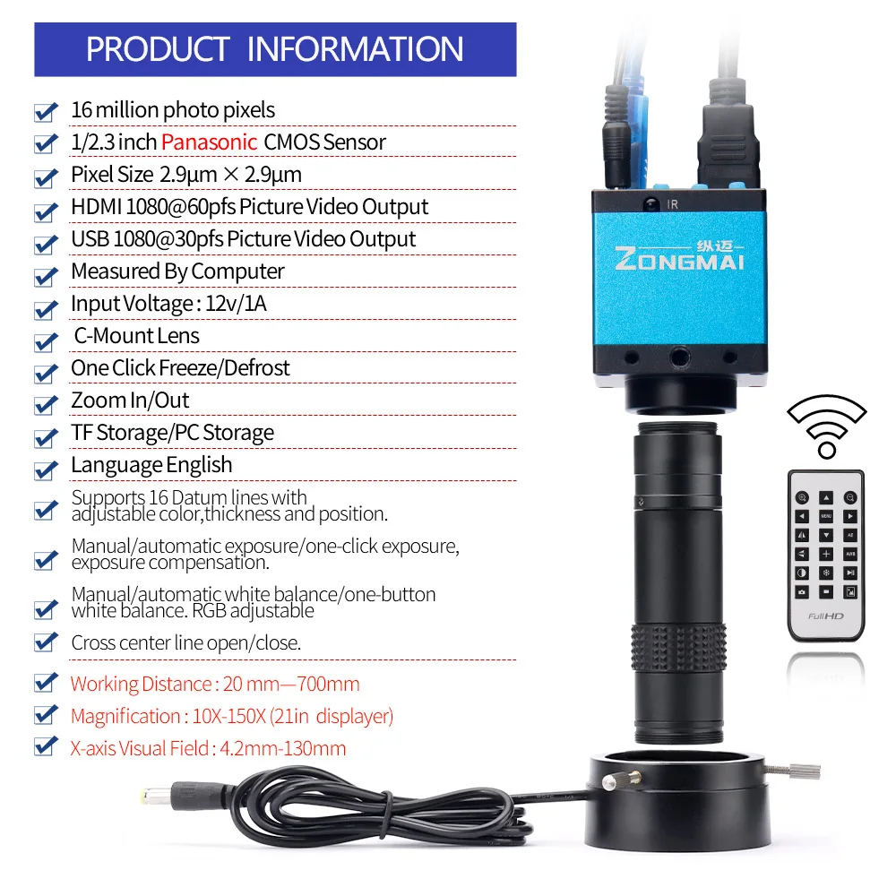 ZONGMAI 1080P 2K FULL HD Industrial Microscope True 16 Million Pixel C-Mount Digital Camera For PCB Soldering Phone Repair