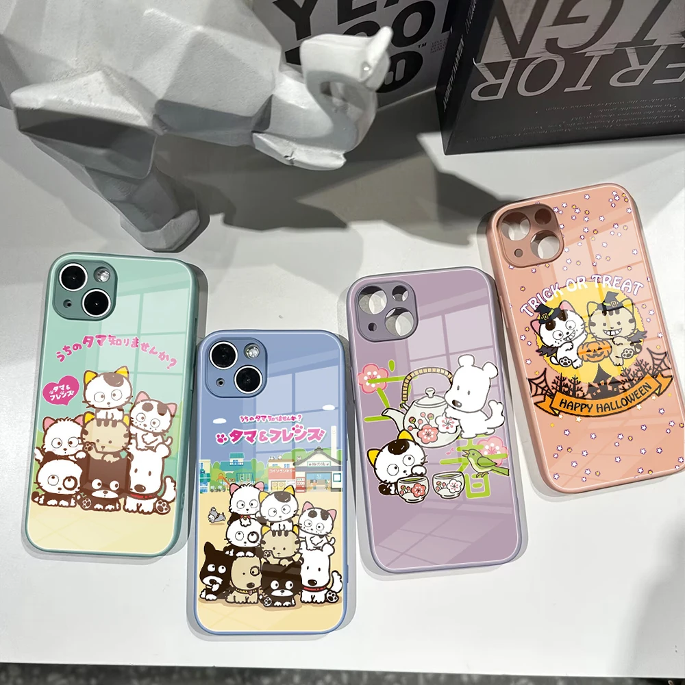 For Iphone 14 Cute Tama and Friends Phone Case Glass 14 13Pro Plus X 13 Pro MAX XR XS MINI Stained Glass Covers