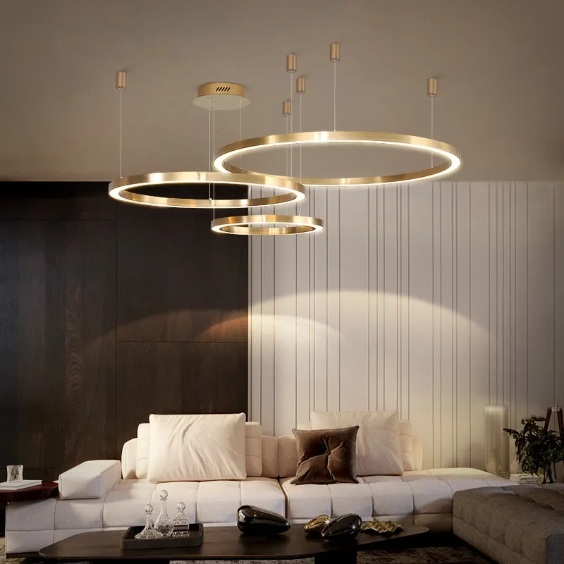 

Modern New Simple Rings Home Living Room Dinning Room Loft Gold Lamp Pendant Adjustable Wire Length Dimming Suspension Light