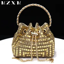 New Rhinestones Women Evening Bags Bucket Design Party Day Clutch Soft Mixed Color Shoulder Chain Handbags Purse