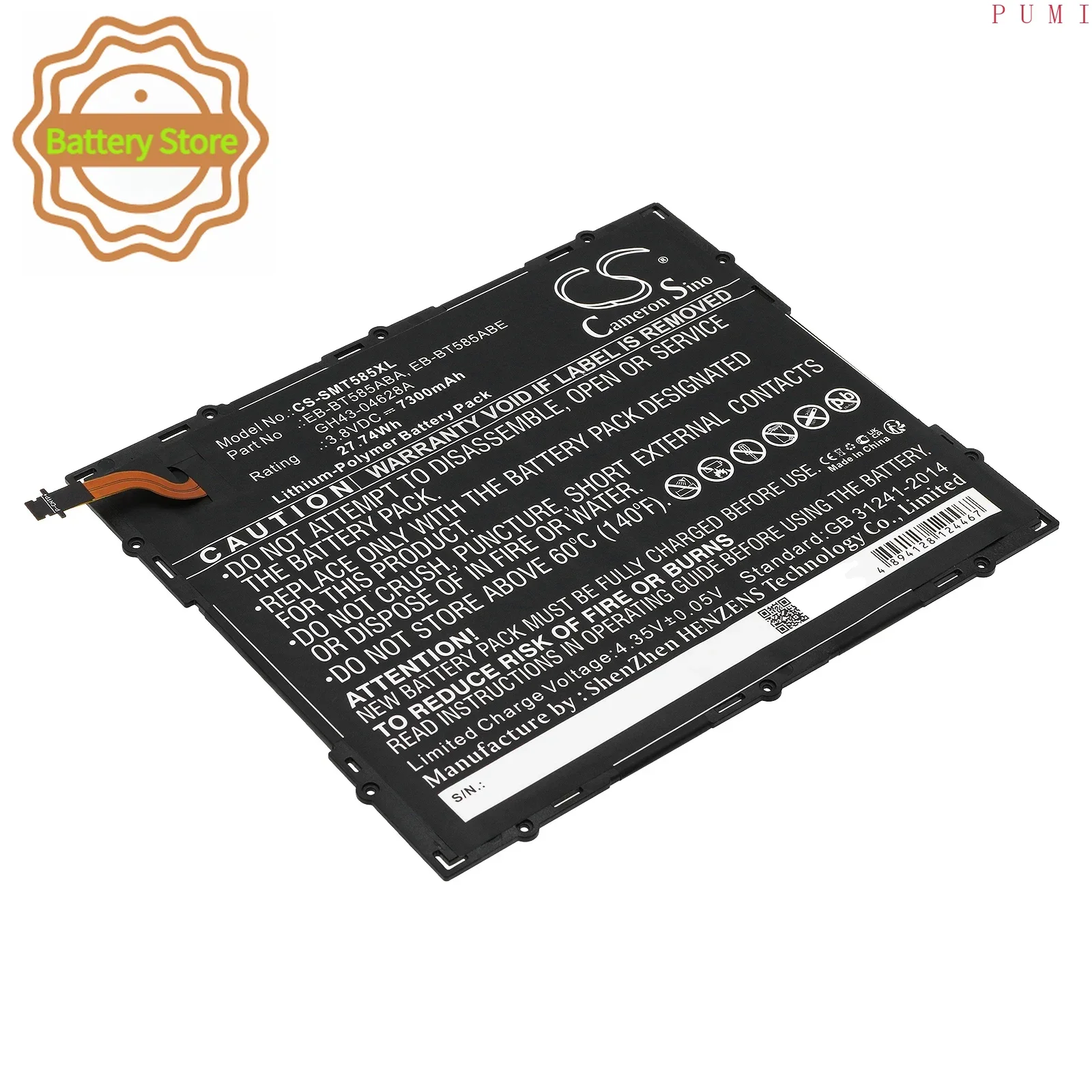 CS Replacement Battery for Samsung SM-T580,SM-T585,Galaxy Tab A 10.1 2016 WiFi,Galaxy Tab A  PN:EB-BT585ABA 7300mAh / 27.74Wh