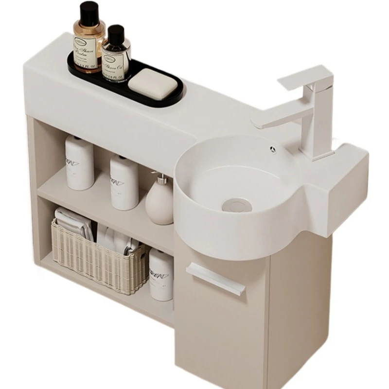 

Small apartment cream wall-mounted ceramic wash basin cabinet narrow and long corner solid wood bathroom cabinet combined