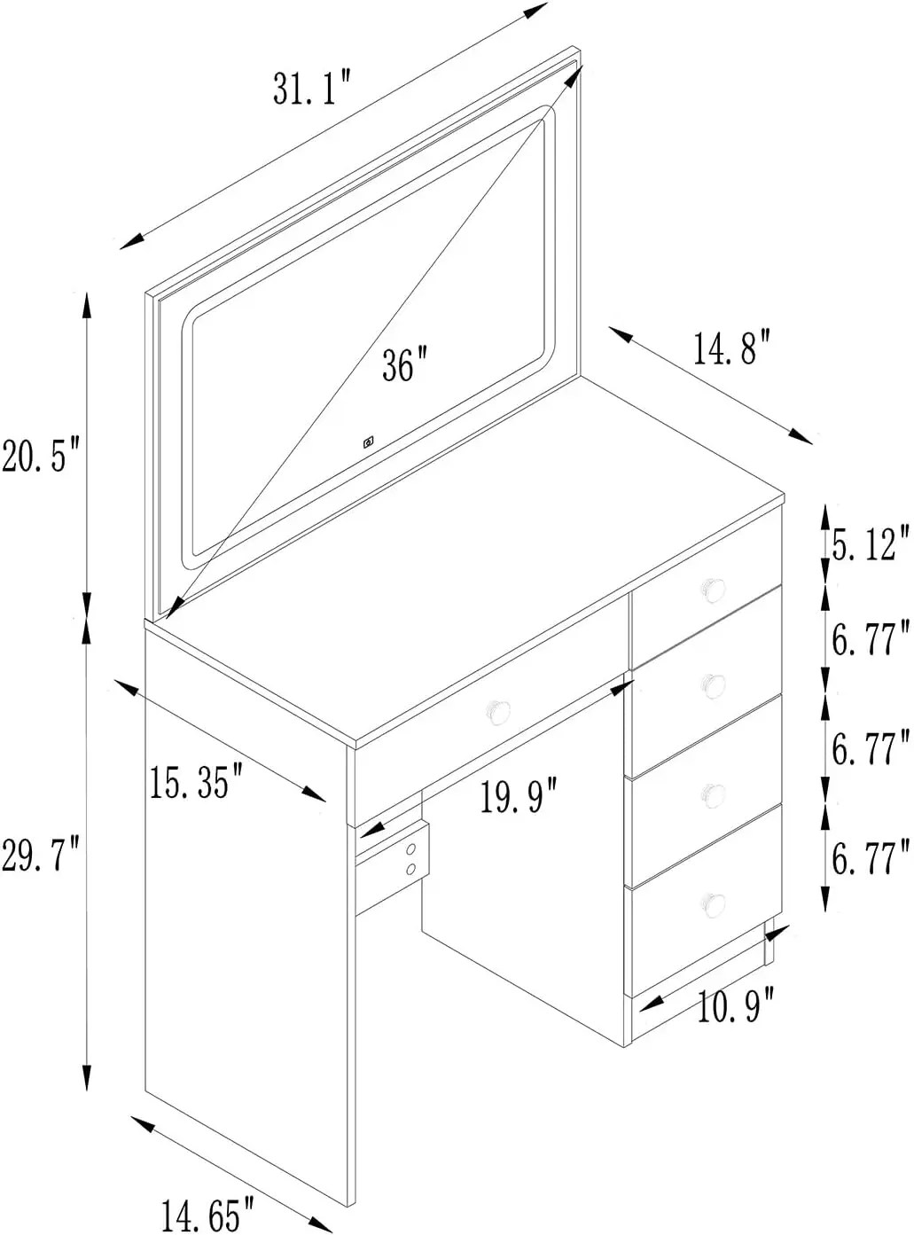 Makeup Vanity With Large Lighted Mirror, Vanity Desk With 5 Drawers Vanity Set With Power Outlet 3 Color Lighting Modes
