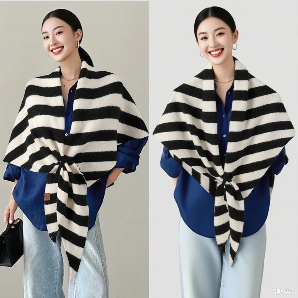 

New Wool Blended Women Shawl Striped Print Warm Knitted Shawl Big Soft Scarf Autumn Winter