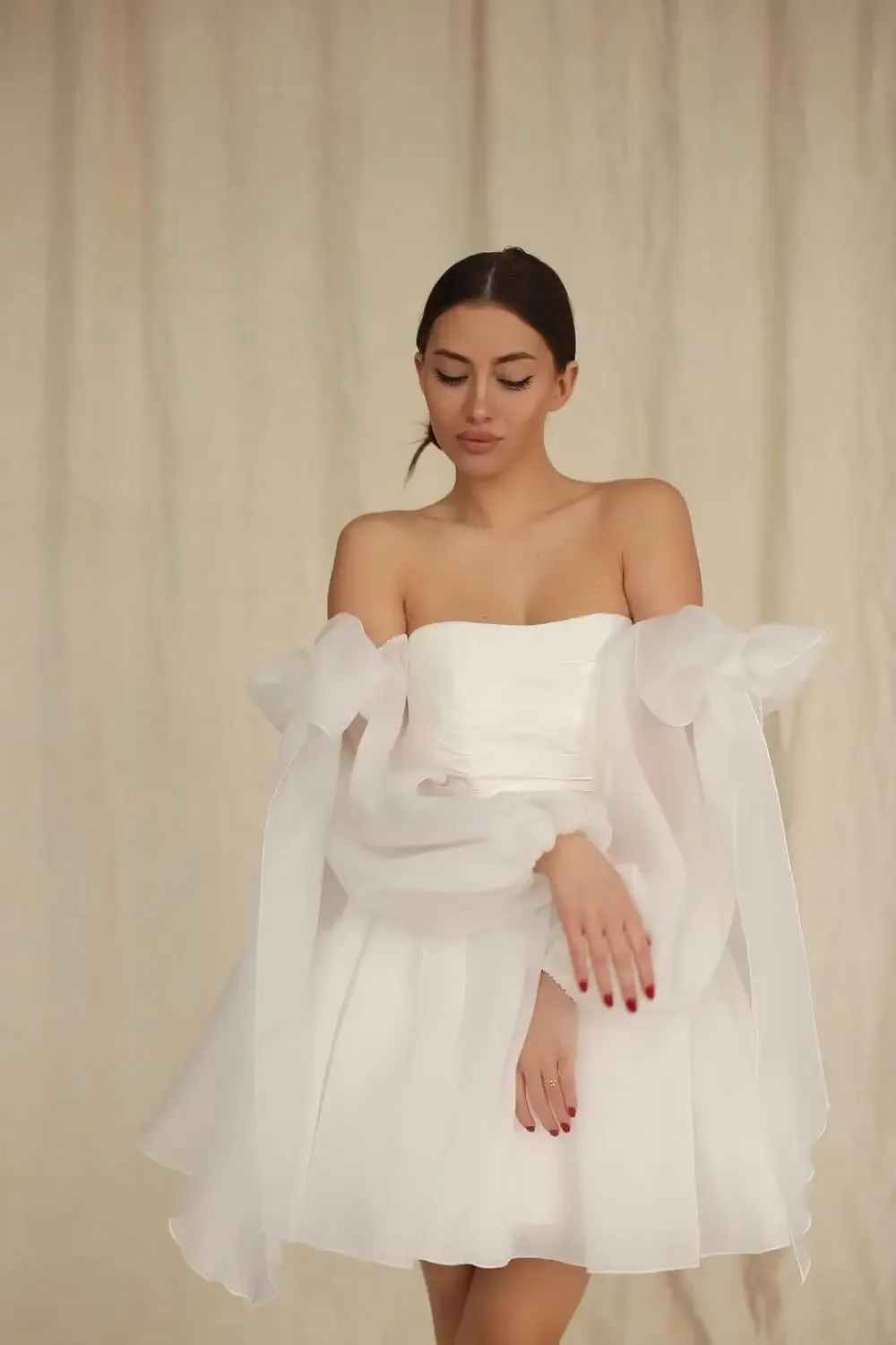 

Short A-Line Formal Cocktail Party Gown Off The Shoulder Organza Homecoming Dresses Bow Tie Long Sleeve Prom Dresses