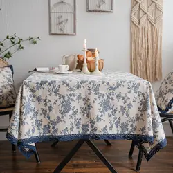 Linen Cotton Tablecloth with Lace, Rectangular Dining Table Cover, Tea Table Cloth, Blue Rose Printing, Pastoral