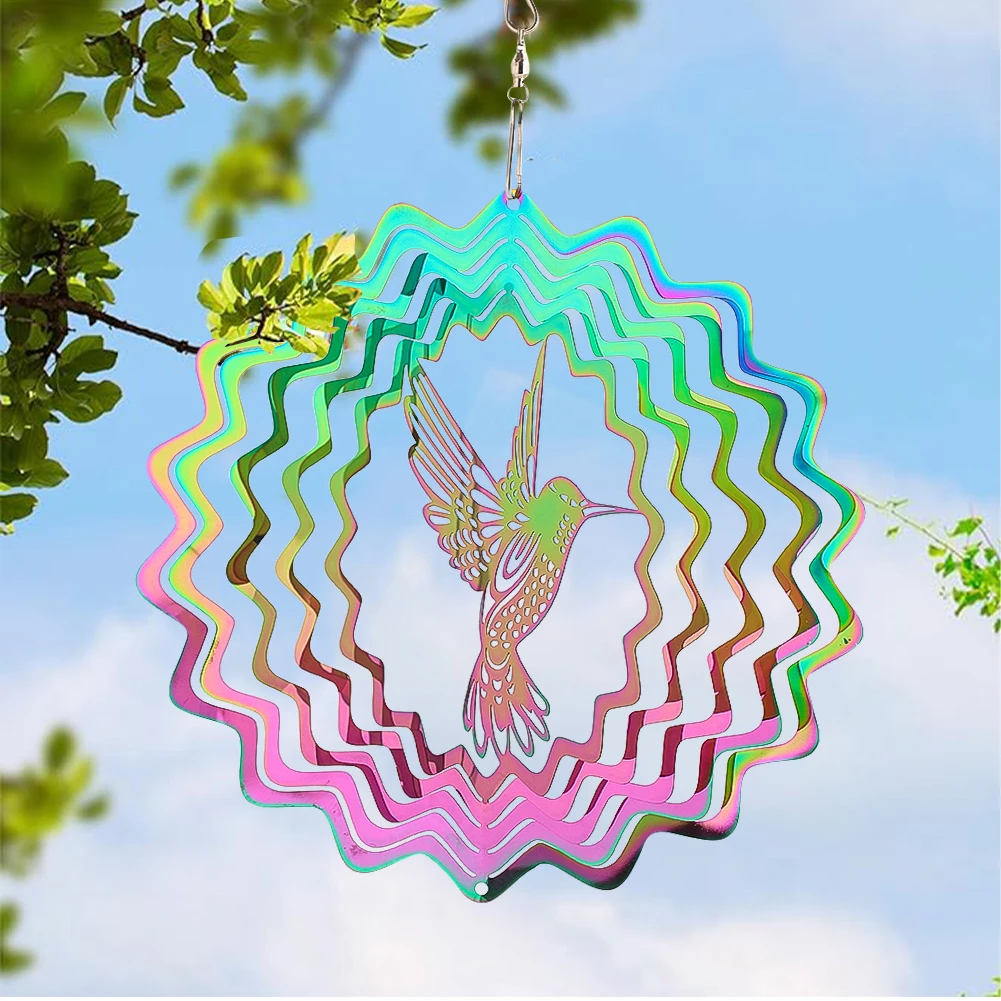 20CM Stainless Steel Colored Hummingbird Wind Turn Pendant Home Garden DIY Crystal Wind Chimes Hanging Decorations Accessories