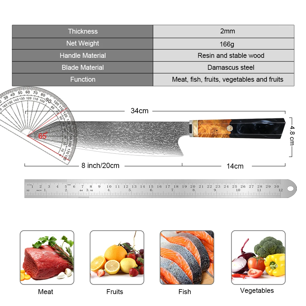 XITUO Kiritsuke Chef Knives 8 inch Damascus Steel Knife Professional Super Sharp Kitchen Knife Resin Stabilized Wood Handle