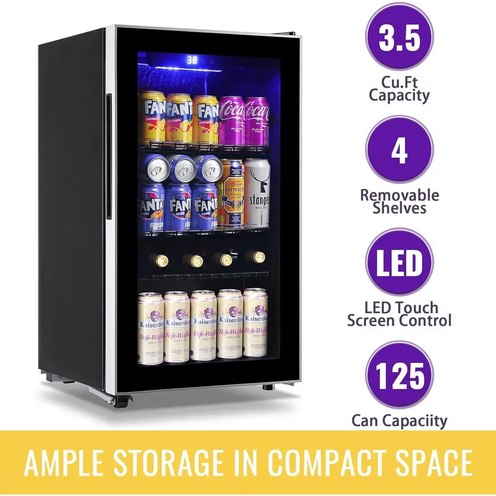 3.5 Cu. Ft. Beverage Refrigerator with LED Touch Panel, 125-Can Capacity, Glass Door, and Removable Shelves for Home or Office B
