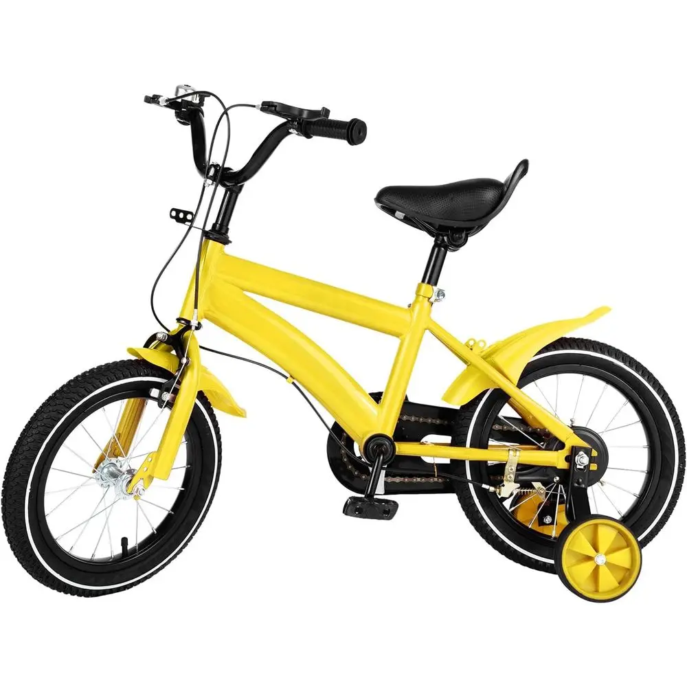 

14 Inch Kids Bike with Training Wheels, Adjustable Height, Handbrake, Suitable for Ages 3-6, Multicolor Options (Yellow)