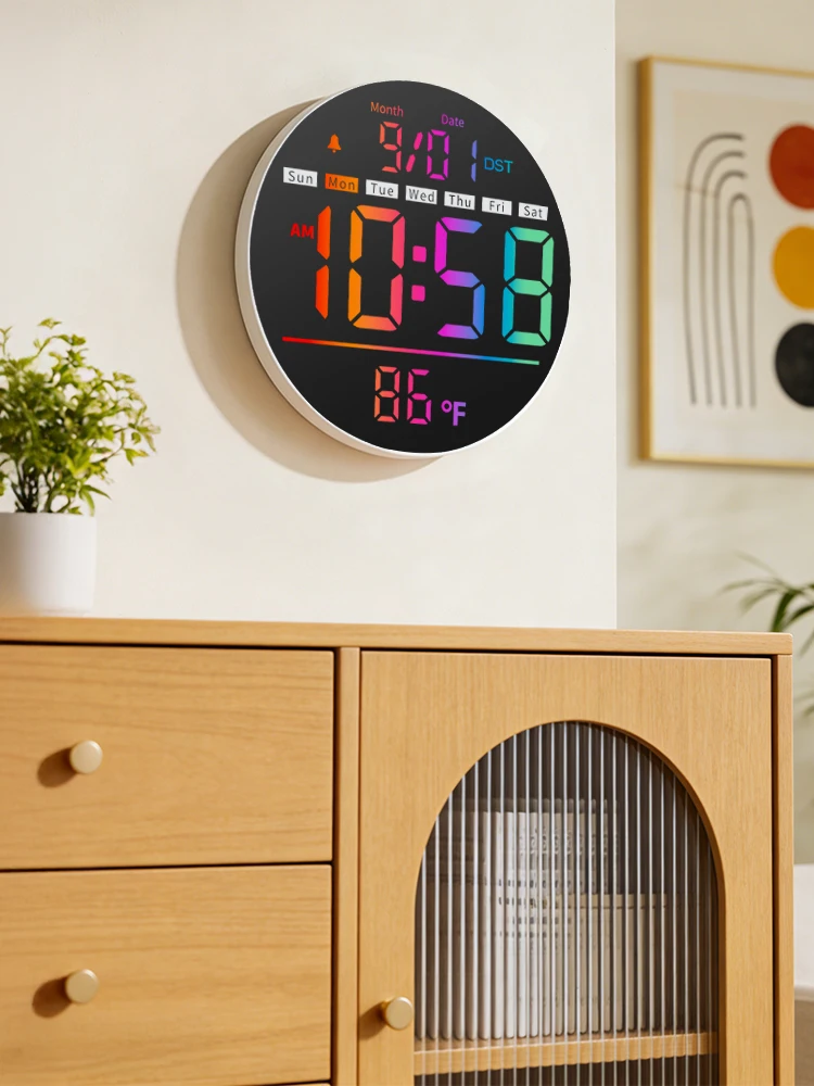 8'' LED-Wanduhr mit Timer, Temperaturanzeige, Datum, Nachtlicht, RGB-Farbe, Alarm, 5-stufige Helligkeit, Digitaluhr für Klassenzimmer, Schlafzimmer