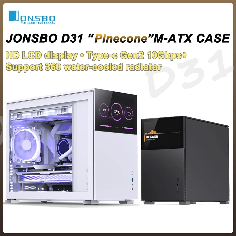 

JONSBO Pinecone D31 M-ATX Computer Case Mesh Side Transparent ATX With Display Screen Games Chassis Support 360 Water Cooling