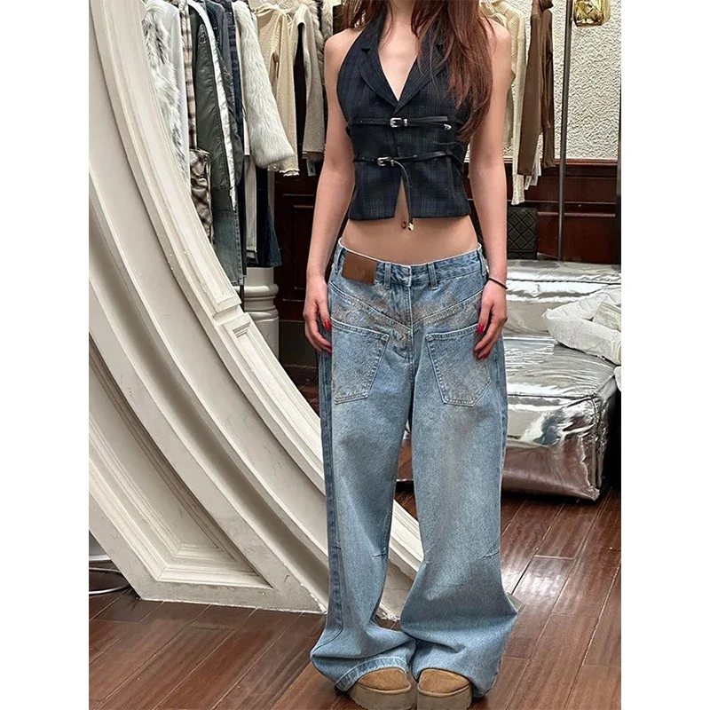 Jean Vintage bleu taille haute pour femmes, pantalon droit américain rétro brodé Baggy en Denim, Streetwear Y2K, jambes larges