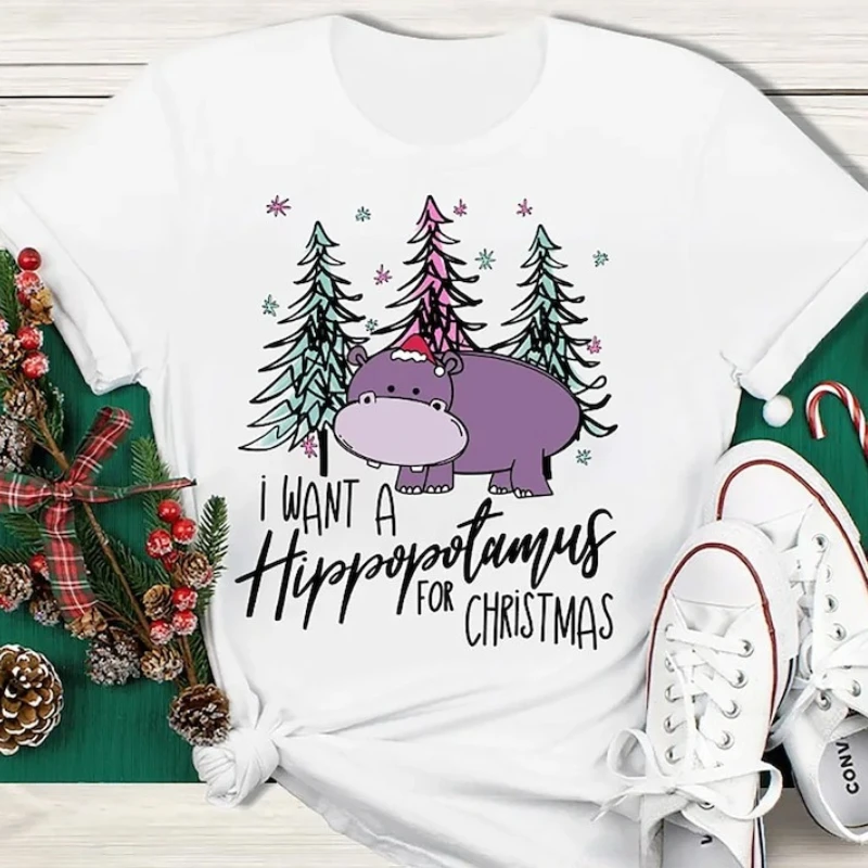 I Want A Hippopotamus for Christmas Teacher Cotton T-Shirt Hippo Shirt Crew Neck Short Sleeve Top All Seasons Casual Comfortable