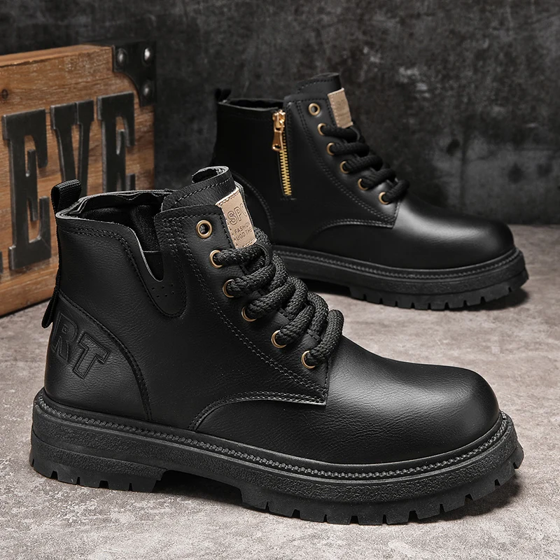 

New Men's Workwear Boots with A Retro Style Solid Color Durable Flat Heel and Lace-up in Mid-top Leather for Autumn and Winter