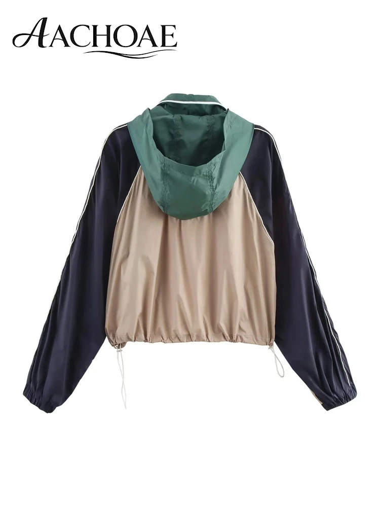 AACHOAE Women's Color Block Hooded Windbreaker Jacket Lightweight Zip Up Drawstring Hem Cropped Casual Sports Outdoor Coat