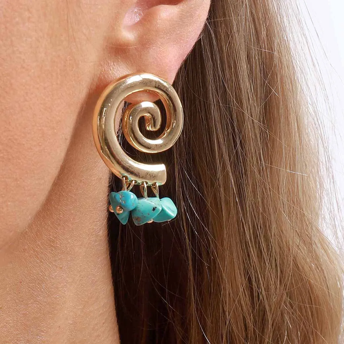 Spiral Golden Vortex Statement Ear Drop Irregular Blue Bead Fringe Dangle Unique Geometric Earring Summer Travel Party Jewelry