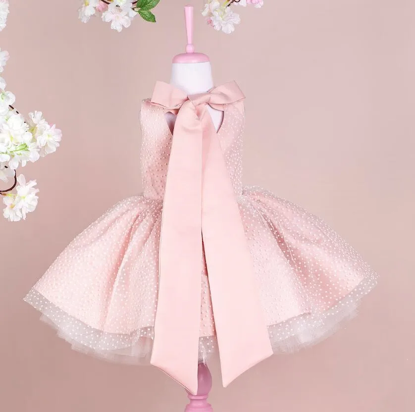 New Pink Big Ribbon Sleeveless Baby Girls Birthday Party Gown Short Lolita Princess Dress Baby Clothing Puffy Ball Gown