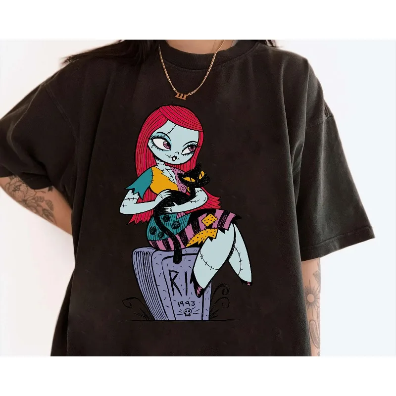 

Футболка Disney Nightmare Sally and Cat перед Рождеством, футболка унисекс из чистого хлопка Disney Park Terror Season Four Seasons