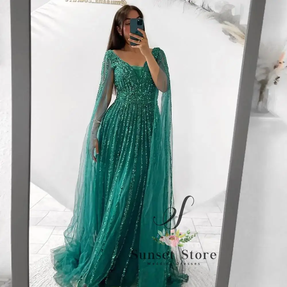 Customized Elegant Green Beaded Sequined Evening Dress for Women 2025 Luxury Cape Sleeves V Neck Long Formal Prom Wedding Party