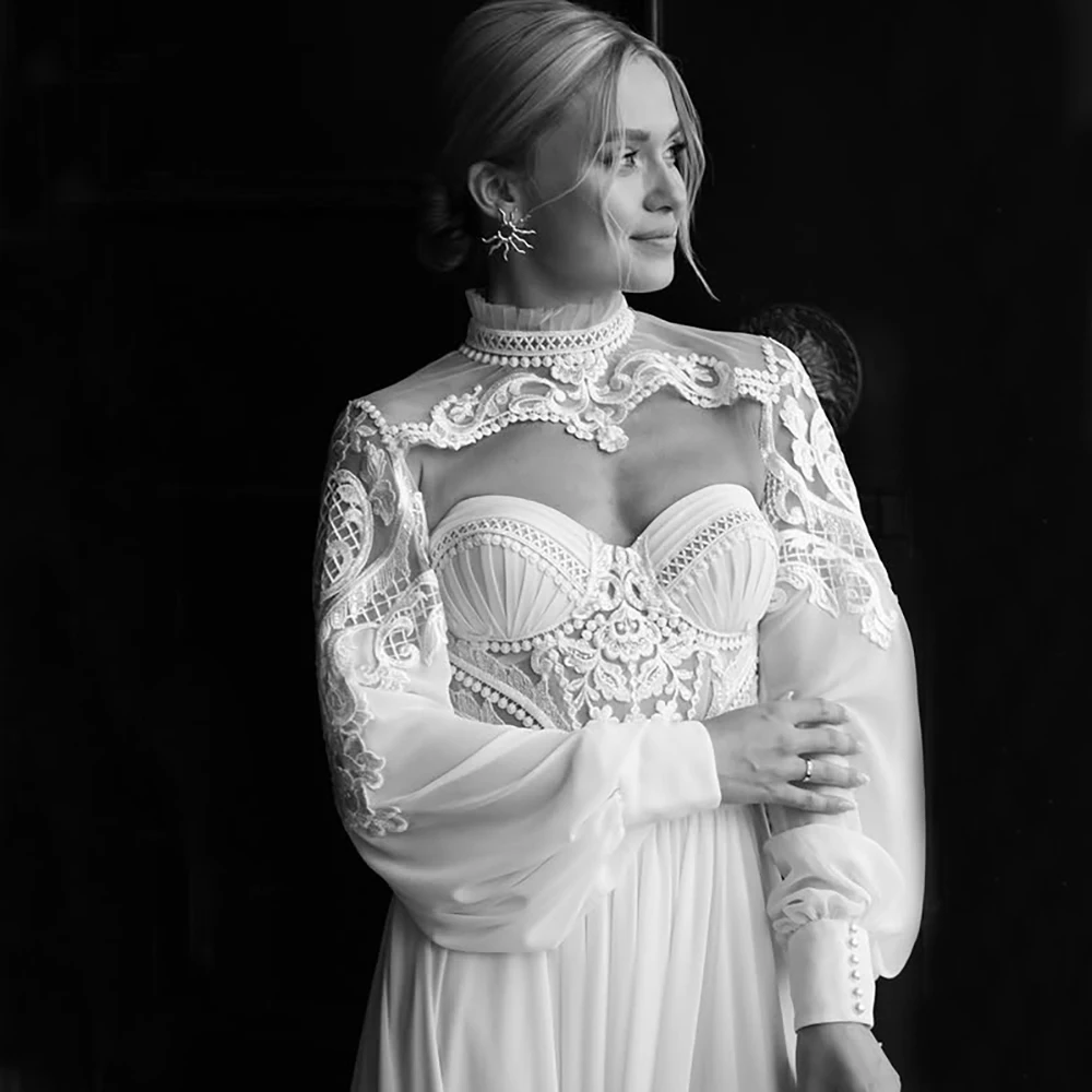 Sweetheart Lace Bohemian Wedding Dress with Removable Long Puffy Sleeves Bolero Chiffon A Line Customized Corset Bridal Ballgown