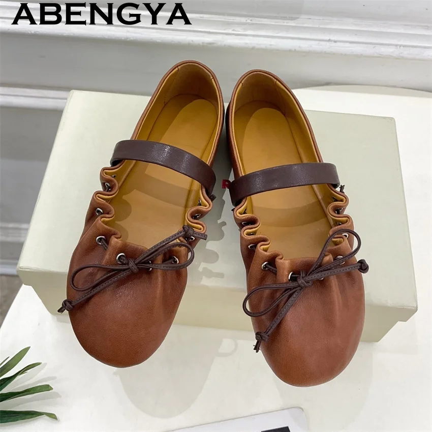 

ABENGYA коричневые, черные туфли на плоской подошве из натуральной кожи, женские летние прогулочные туфли, дизайнерские повседневные лоферы с морщинами, женские туфли на плоской подошве