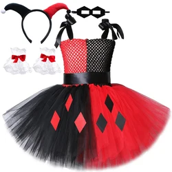Red Black Circus Clown Costumes for Girls Carnival Halloween Tutu Dress for Kids Joker Cosplay Outfit with Hair Bow Lace Sleeves