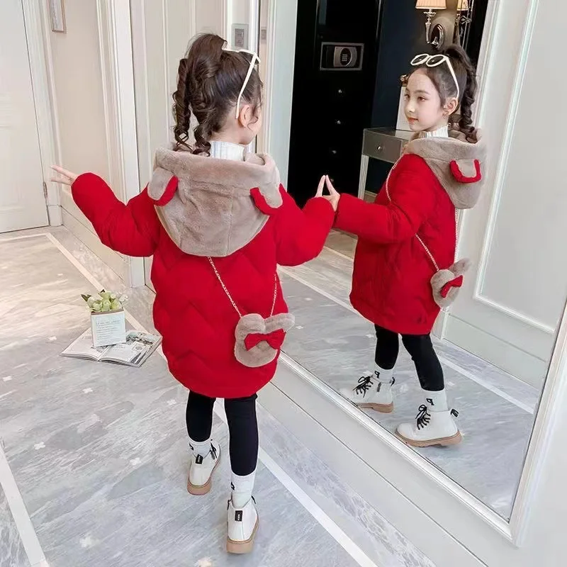 2026 Thick Warm Winter Jacket Girls long Hooded Sweater Sleeve Plus Velvet  Kid Outerwear Teenager Windbreaker Coat 4 8 12 year