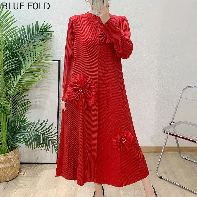 Miyake 2025 verão nova coleção de vestidos plissados com padrões florais costurados à mão e designs de contas faz um visual magro