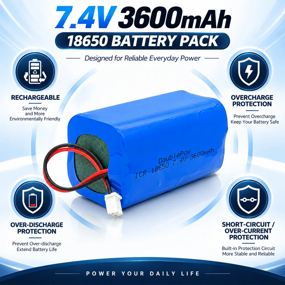 7.4V 18650 Lithium Ion Battery Pack 3600mAh 5200mAh Rechargeable with PCB Safety Protection for  LED Light, Bluetooth Speaker