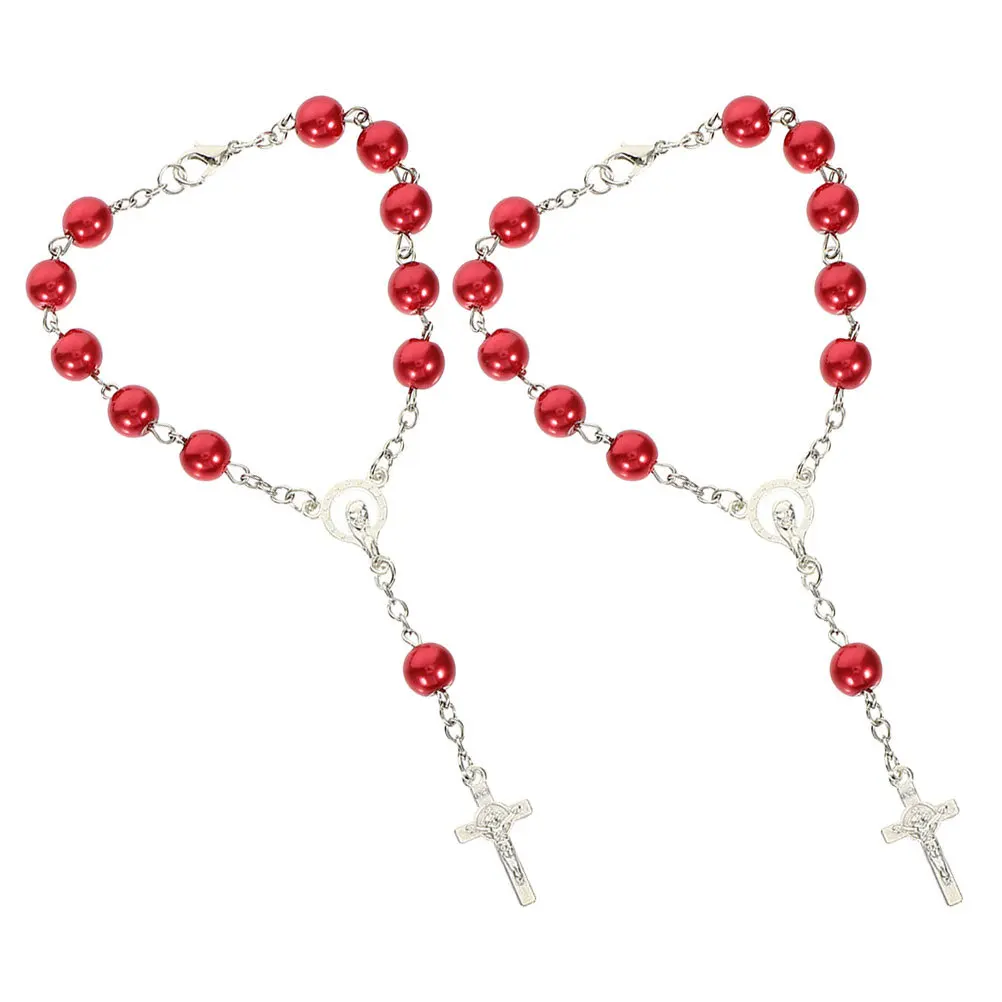 

2pcs Car Rosaries For Rearview Mirror Silver Catholic Beads Cross Pendant Auto Hanging Accessories For Women Men Car Accessories
