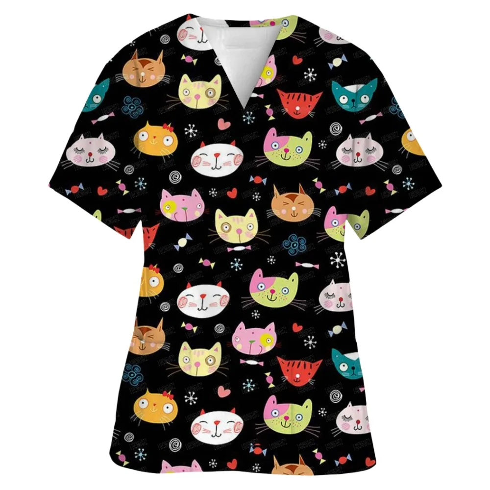 Nursing Uniform for Women Cute Animal Cartoon Print Vet Nurse Tops Fashion V-Neck Short Sleeve Dental Surgical Uniforms Woman