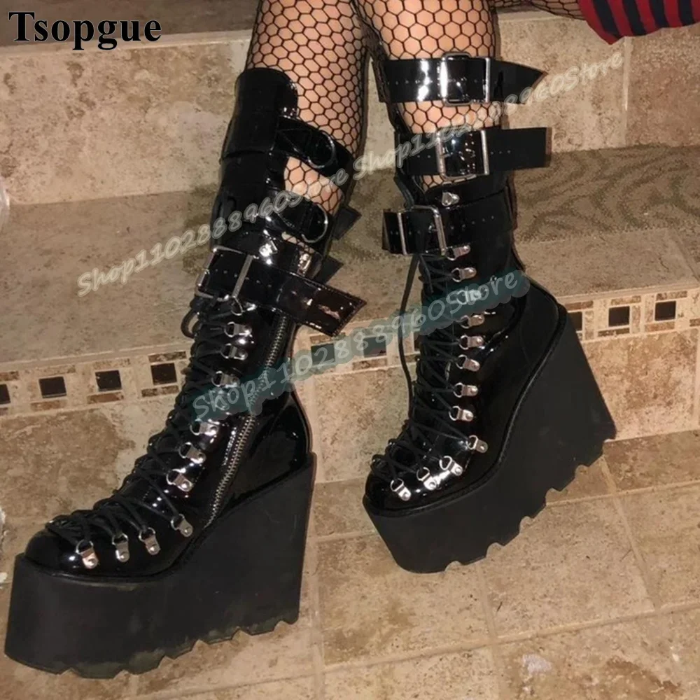 

Mid Calf Black Cross Tied Buckle Strap Platform Boots Weges Heel Shoes For Women Side Zipper Round Toe Punk Style Women Boots
