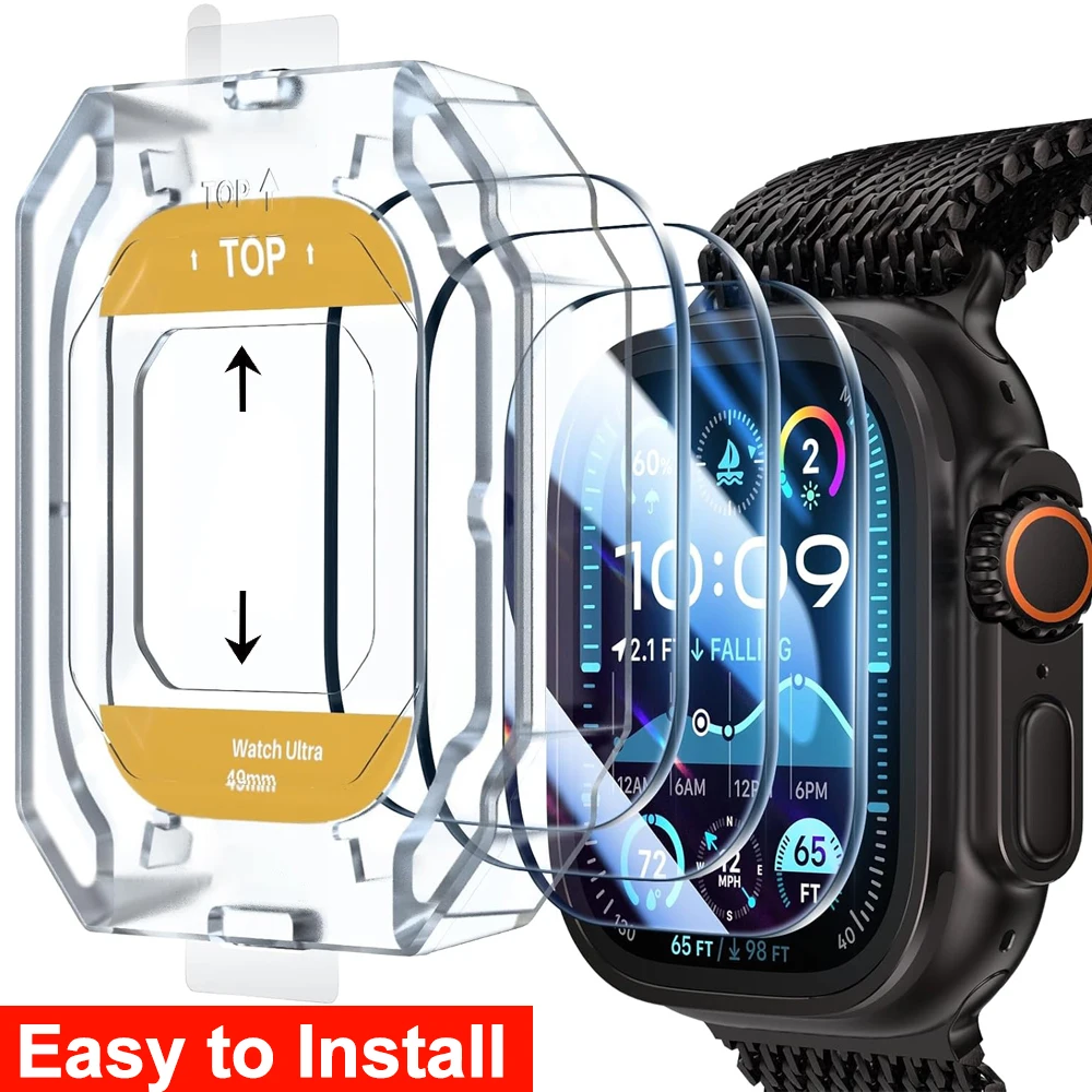 زجاج مقسى لـ IWatch Ultra 49 ملم مع إطار تركيب المحاذاة التلقائية واقي شاشة مضاد للخدش لـ IWatch Ultra 1/2/3