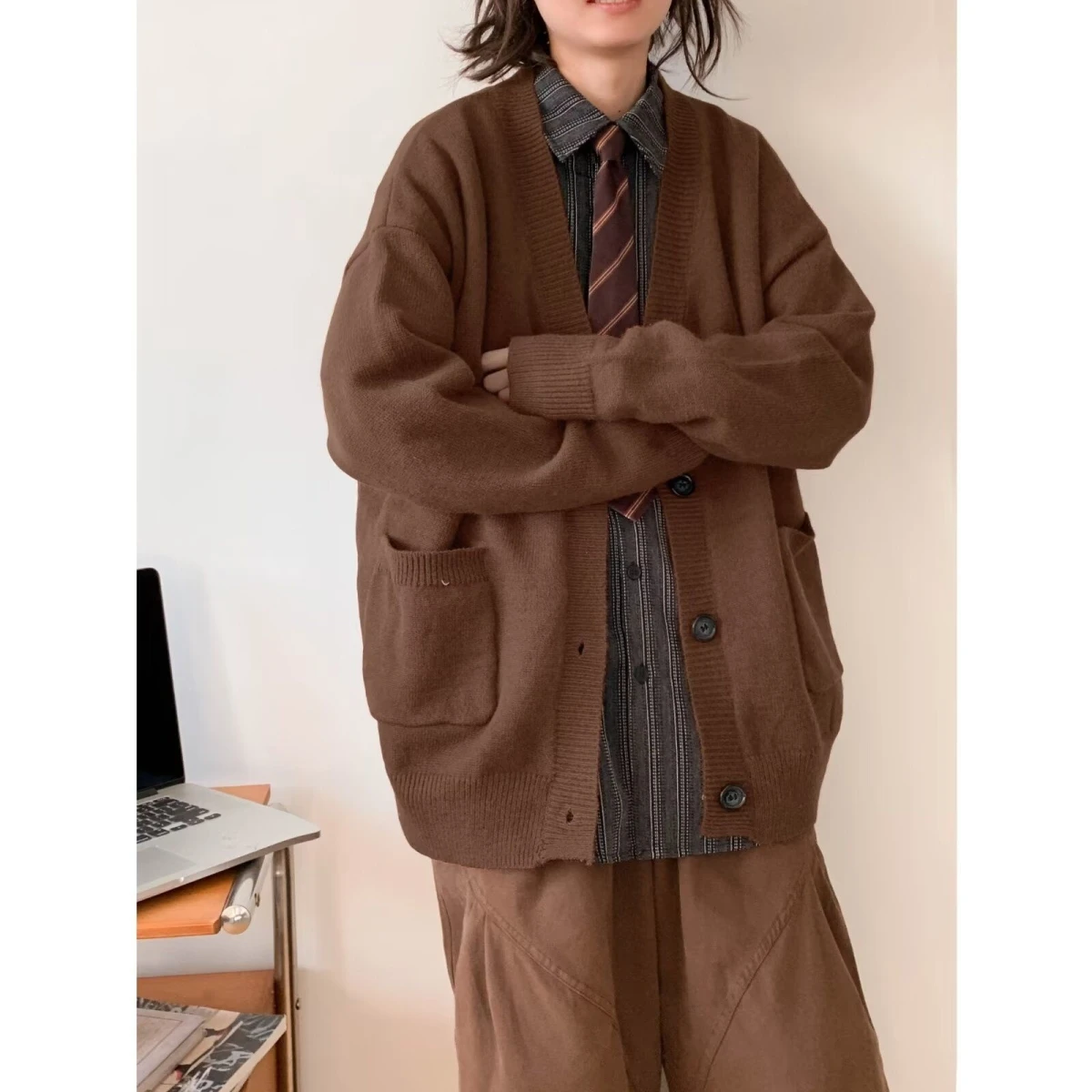 

Retro College Sle Knitted Sweater Casual Loose Open Cardigan Outerwear for Autumn Winter New Arrival Men's Faion