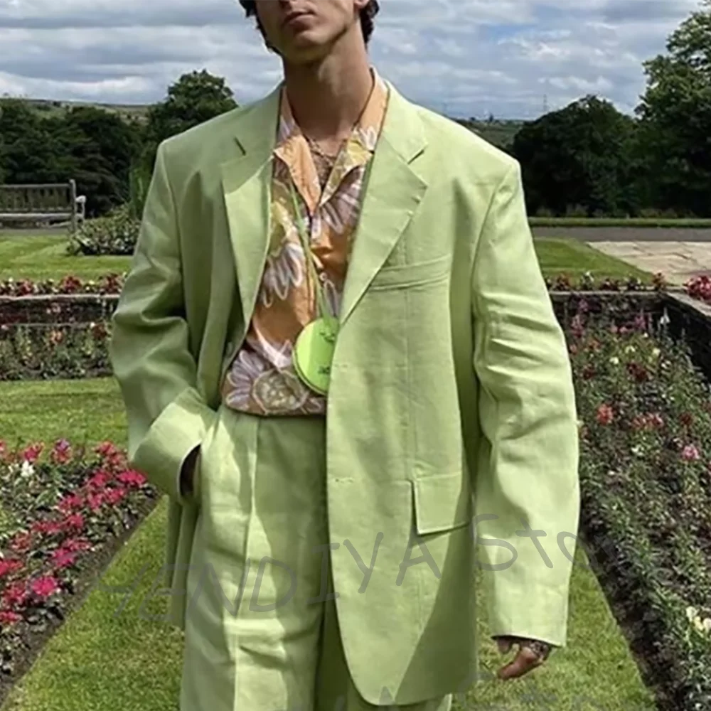 

2026 Fashion Linen Men Suit Handsome Classic Notch Lapel Straight Fitted High Street Casual Male Outfit Prom Suit 2 Pieces