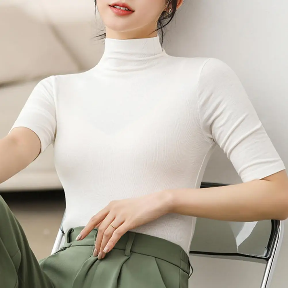 Summer Women High Neck Top Solid Color Half Sleeve Turtleneck Tee Tops Slim Fit Breathable Smooth Stretch Bottoming Tops