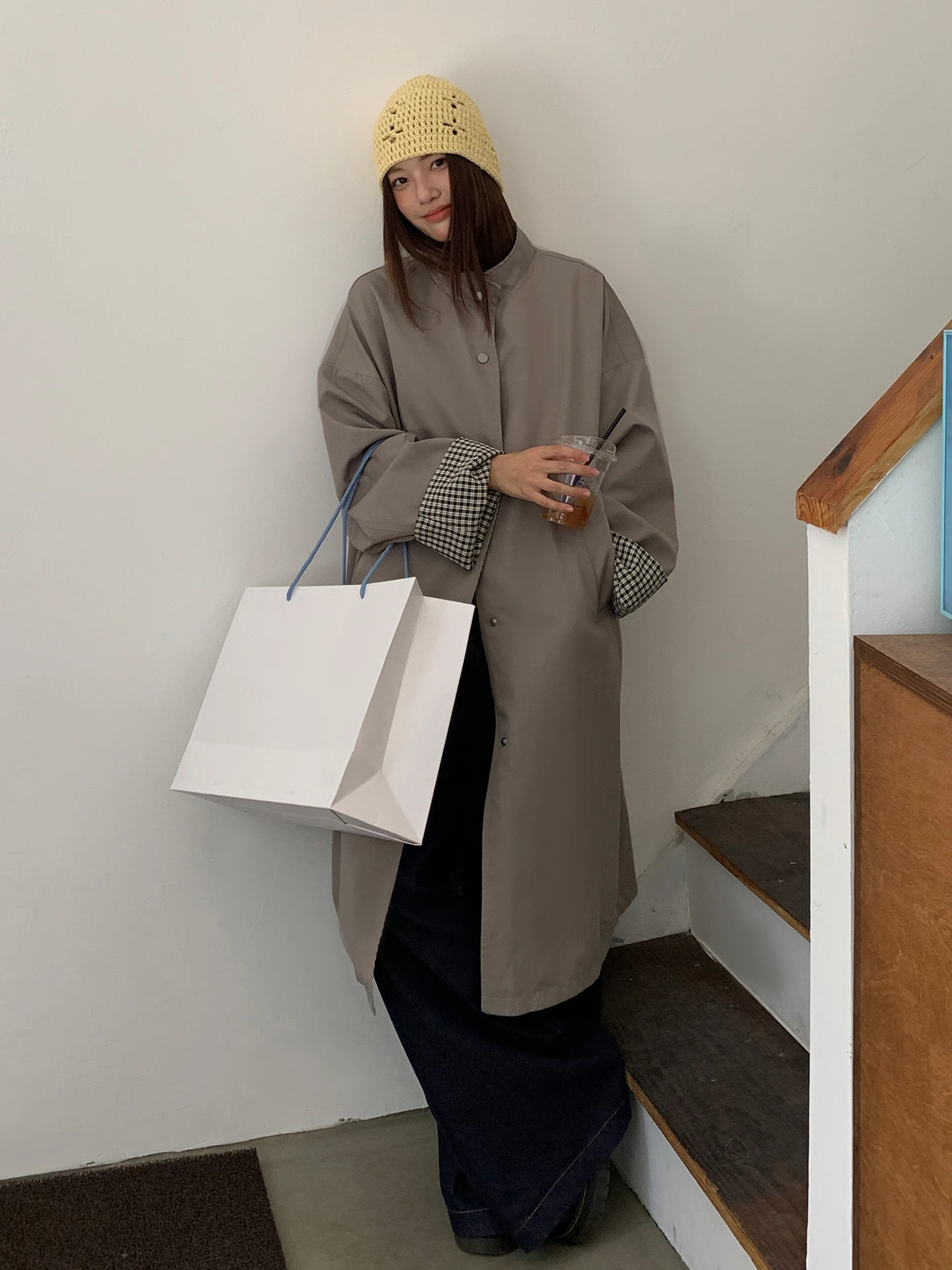 

Осеннее свободное женское длинное пальто в клетку с воротником-стойкой, простая ветровка Quali, повседневное удобное пальто средней длины